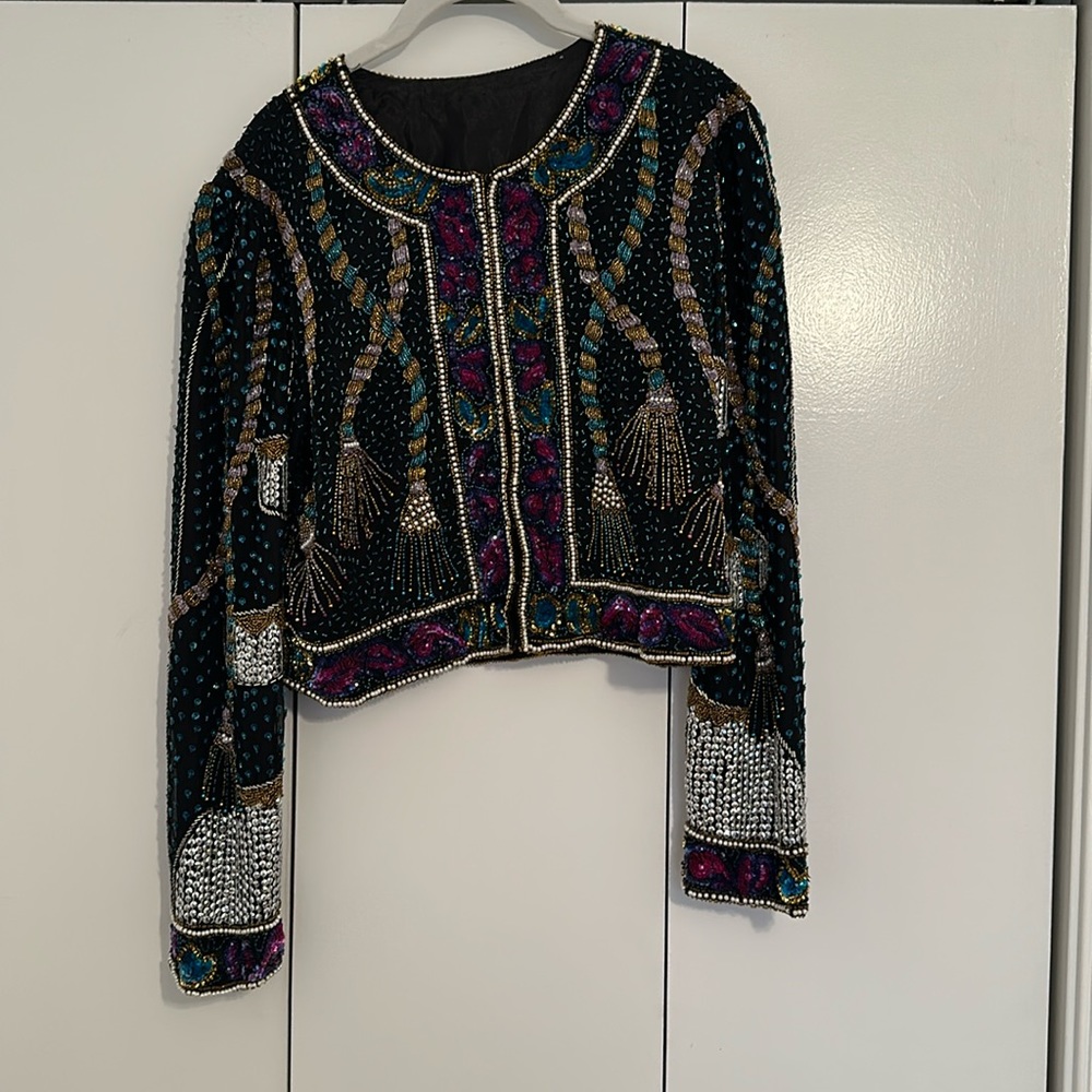 Vintage beaded sequin black pink turquoise Rare crop jacket Tie front
